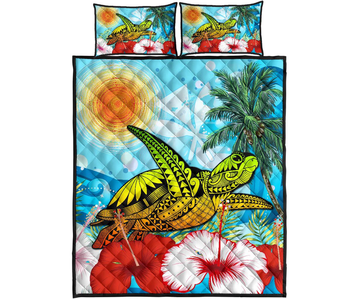 Hawaii Turtle Sea Hibiscus Quilt Bed Set - Sun Style Blue - Polynesian Pride