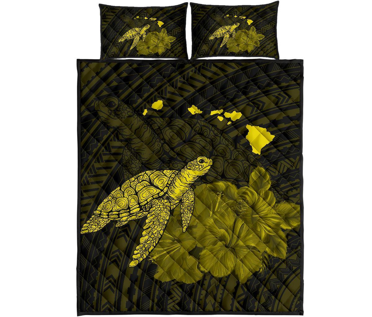 Hawaii Polynesian Hibiscus Turtle Map Quilt Bed Set - AH - Yellow Yellow - Polynesian Pride