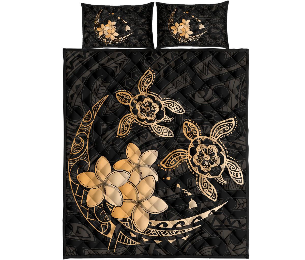 Hawaii Polynesian Turtle Plumeria Quilt Bed Set - Pog Style Gold Gold - Polynesian Pride