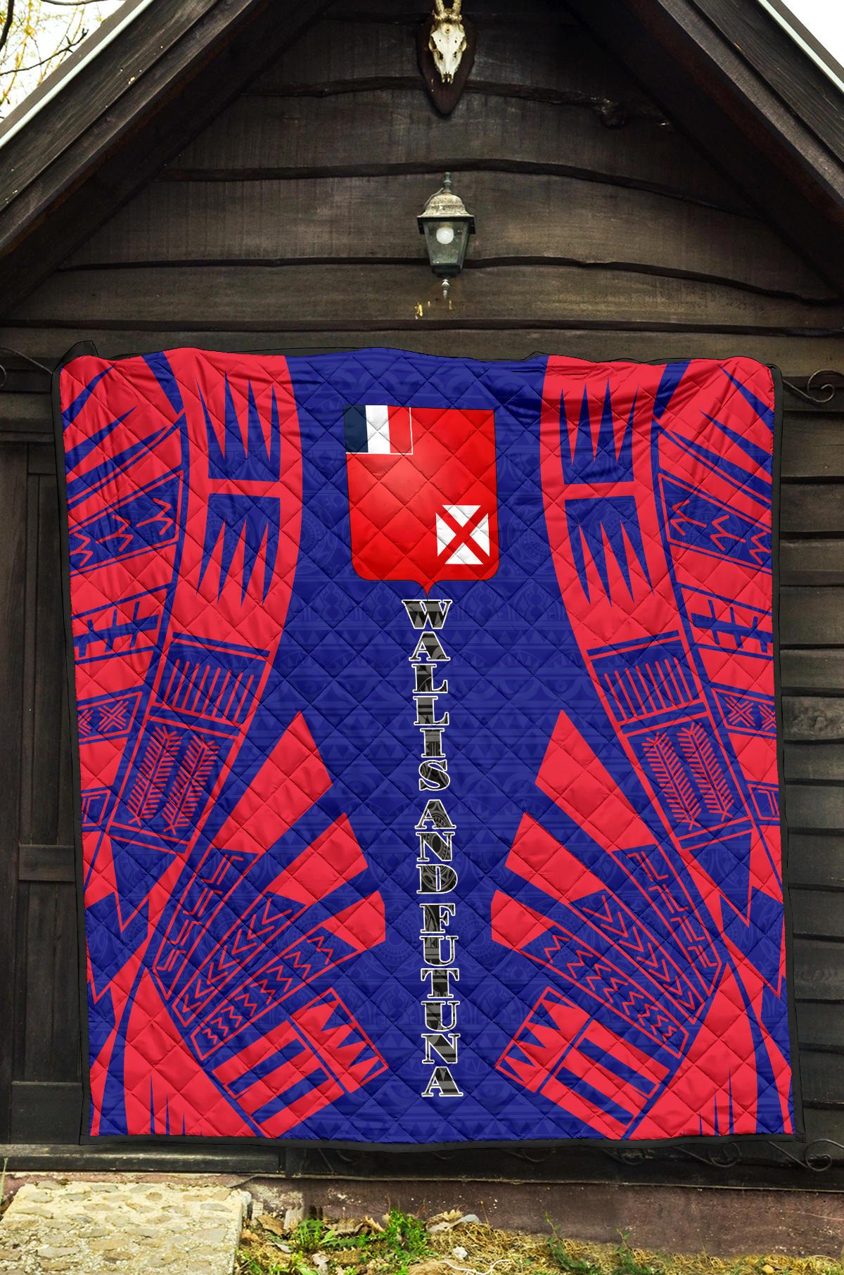 Wallis And Futuna Premium Quilt - Wallis And Futuna Coat Of Arms Polynesian Red Tattoo (Dark Blue) - Polynesian Pride