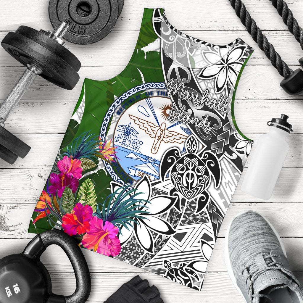 Marshall Islands Men's Tank Top White - Turtle Plumeria Banana Leaf Crest White - Polynesian Pride