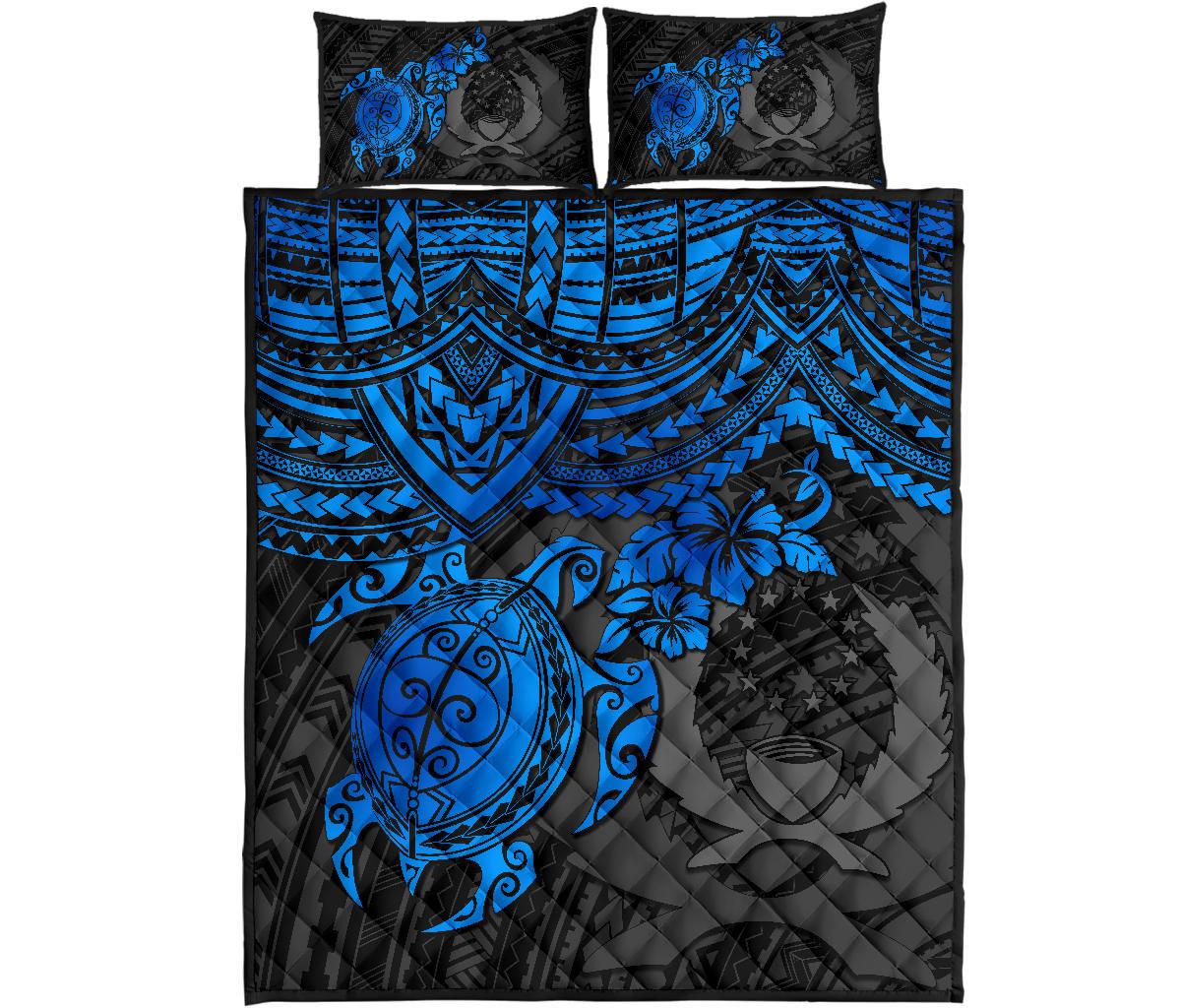 Pohnpei Polynesian Quilt Bed Set - Pohnpei Flag & Blue Turtle Hibiscus - Polynesian Pride