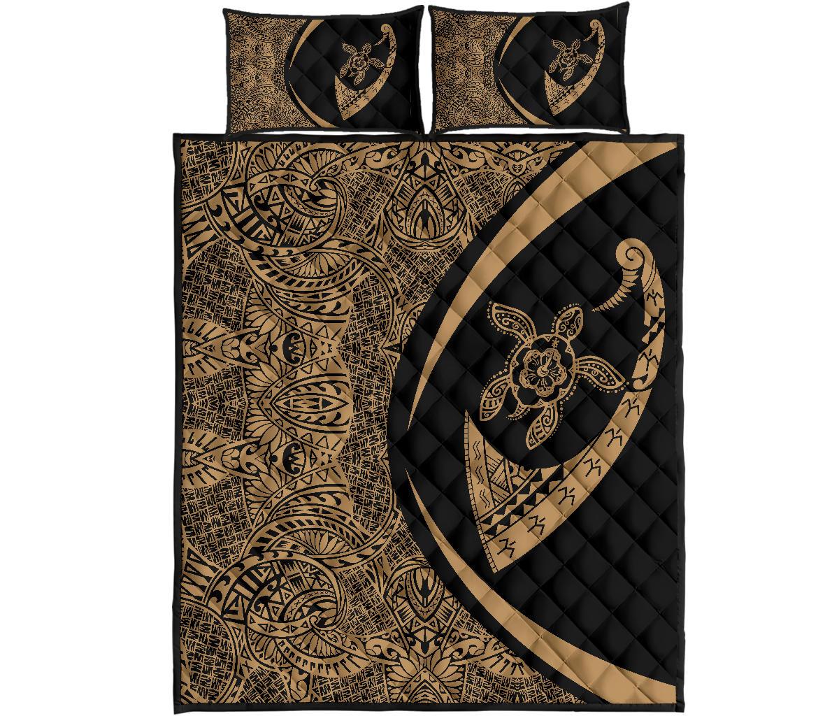 Hawaii Turtle Fish Hook Polynesian Quilt Bed Set Gold - Circle Style Gold - Polynesian Pride