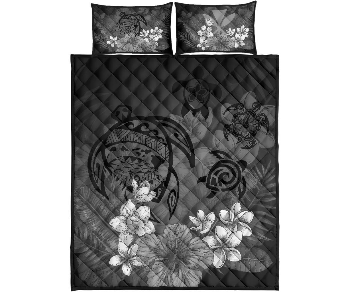 Hawaiian Map Hibiscus Plumeria Kanaka Bouquet Turtle Polynesian Quilt Bedding Set - Gray Gray - Polynesian Pride