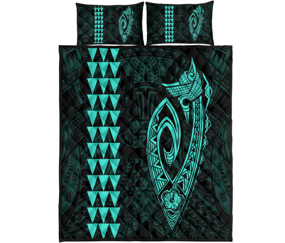 Hawaii Kakau Makau Fish Hook Polynesian Quilt Bed Set - Turquoise Turquoise - Polynesian Pride