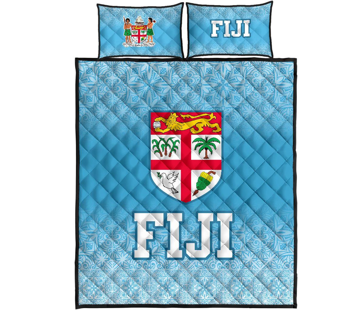 Fiji Tapa Quilt Bed Set - Fiji Flag Coat Of Arms Polynesian Blue Frog - Polynesian Pride