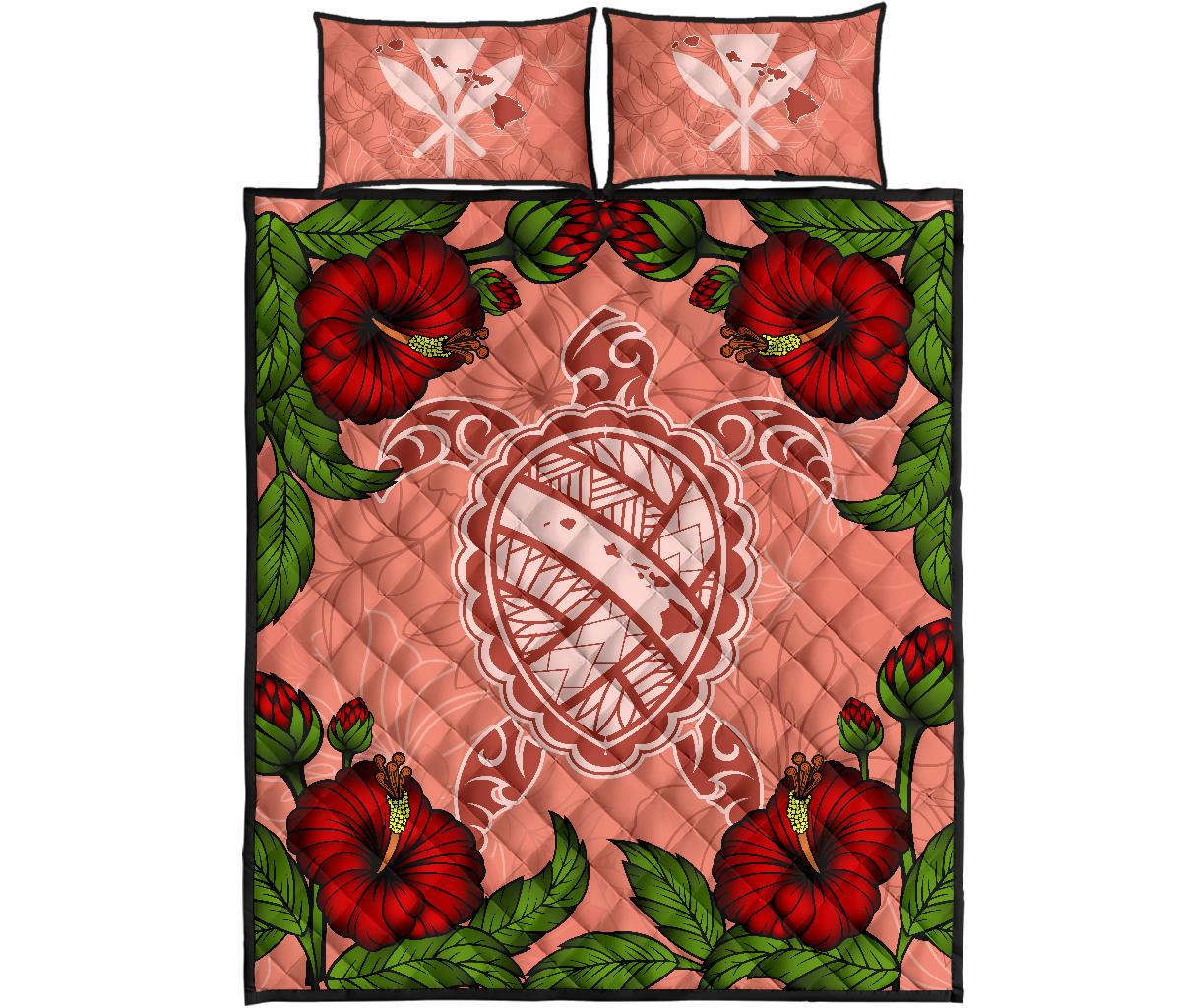 Hawaii Turtle Hibiscus Pink Quilt Bed Set - Fide Style Art - Polynesian Pride