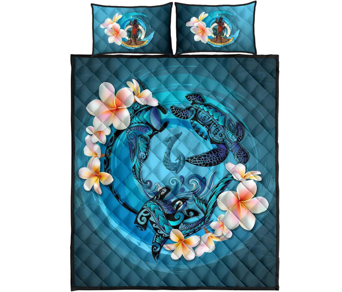 Vanuatu Polynesian Quilt Bed Set - Blue Plumeria Animal Tattoo - Polynesian Pride
