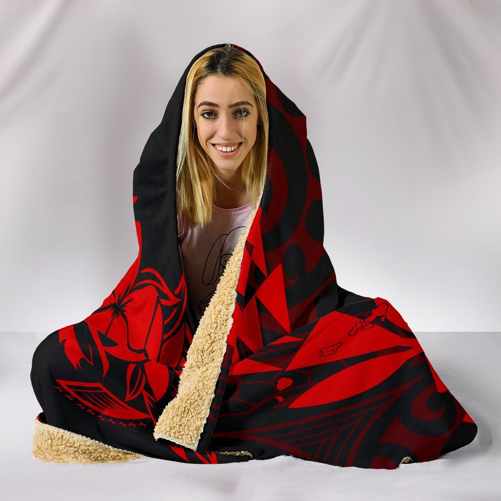 Hawaii Map Kanaka Polynesian Hula Girl Hooded Blanket - Red - Polynesian Pride