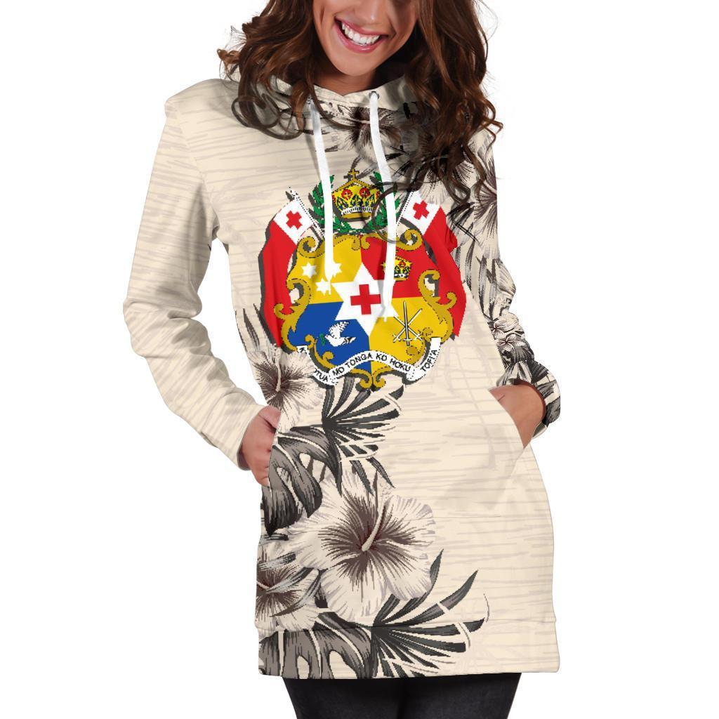 Tonga Hoodie Dress - Tonga Coat Of Arms & Beige Hibiscus - Polynesian Pride