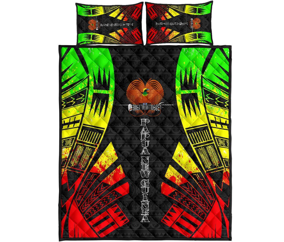 Papua New Guinea Quilt Bed Set - Papua New Guinea Coat Of Arms & Polynesian Reggae Tattoo Style Art - Polynesian Pride