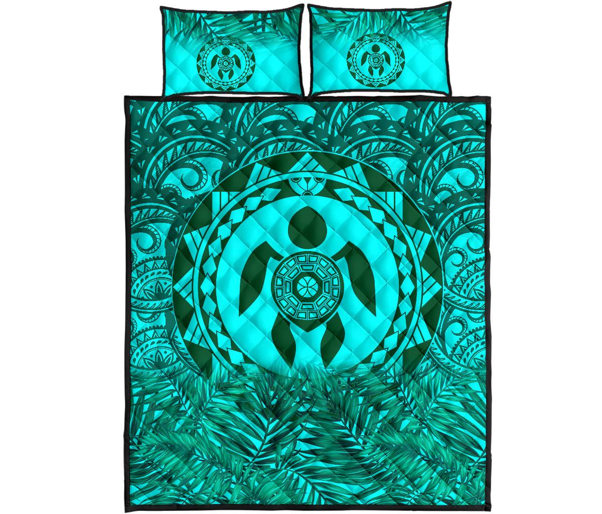 Polynesian Quilt Bed Set - Green Turtle Palm Torquoise Version - Polynesian Pride