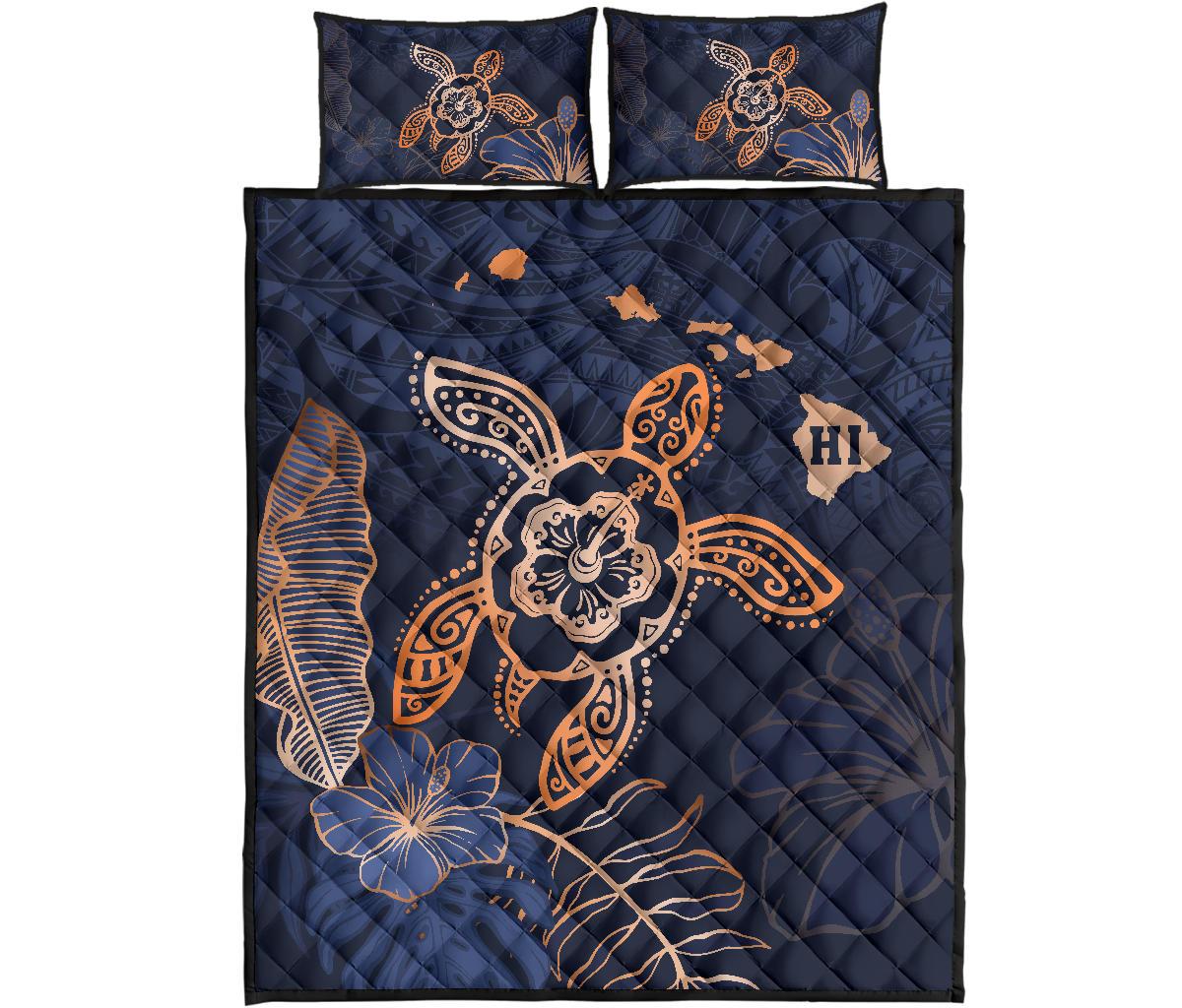 Hawaii Kakau Polynesian Turtle Map Quilt Bed Set - Indigo Blue - Polynesian Pride