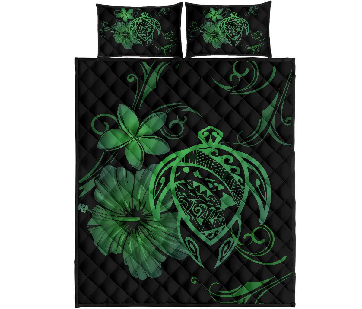 Hawaii Turtle Kanaka Map Hibiscus Poly Quilt Bed Set - Green Green - Polynesian Pride