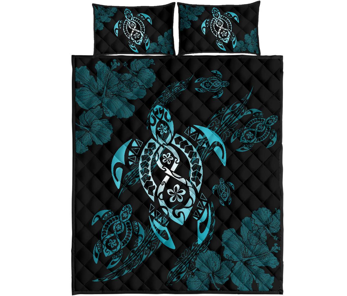 Hawaii Quilt Bed Set - Hawaii Polynesian Turtle Quilt Bed Set Flow Of Turtle Blue Black - Polynesian Pride