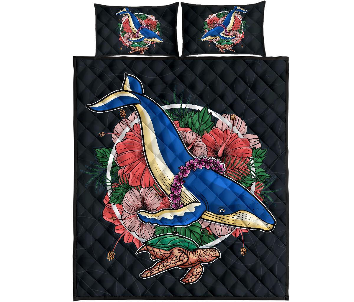 Hawaii Quilt Bed Set - Hawaii Hibiscus Whale Turtle Black - Polynesian Pride