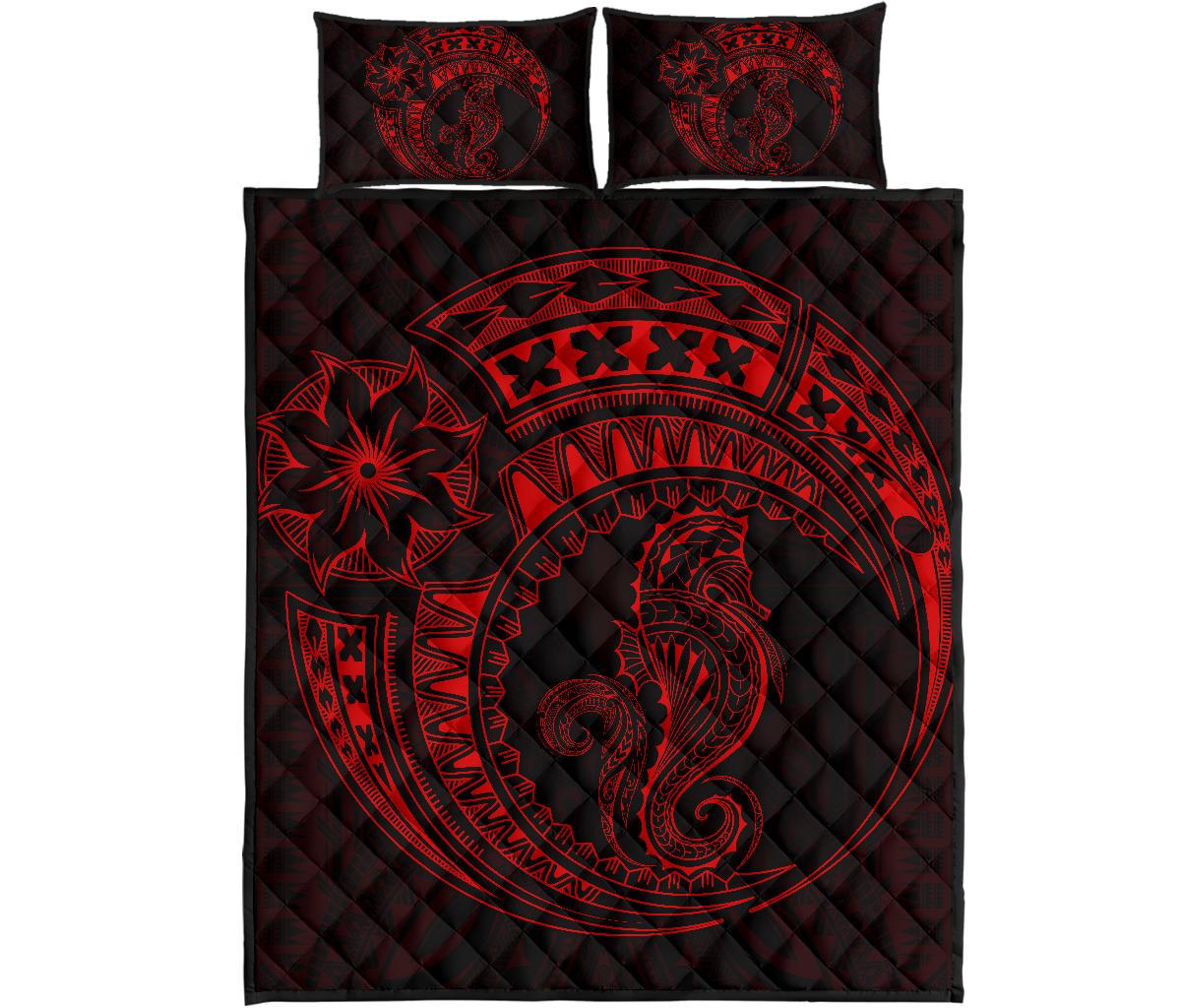 Polynesian Quilt Bed Set - Polynesian Red Seahorse Tattoo Red - Polynesian Pride