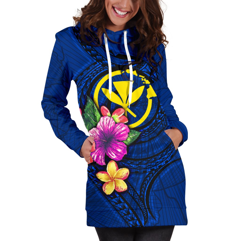 Hawaii Polynesian Women's Hoodie Dress - Floral With Seal Blue - Polynesian Pride
