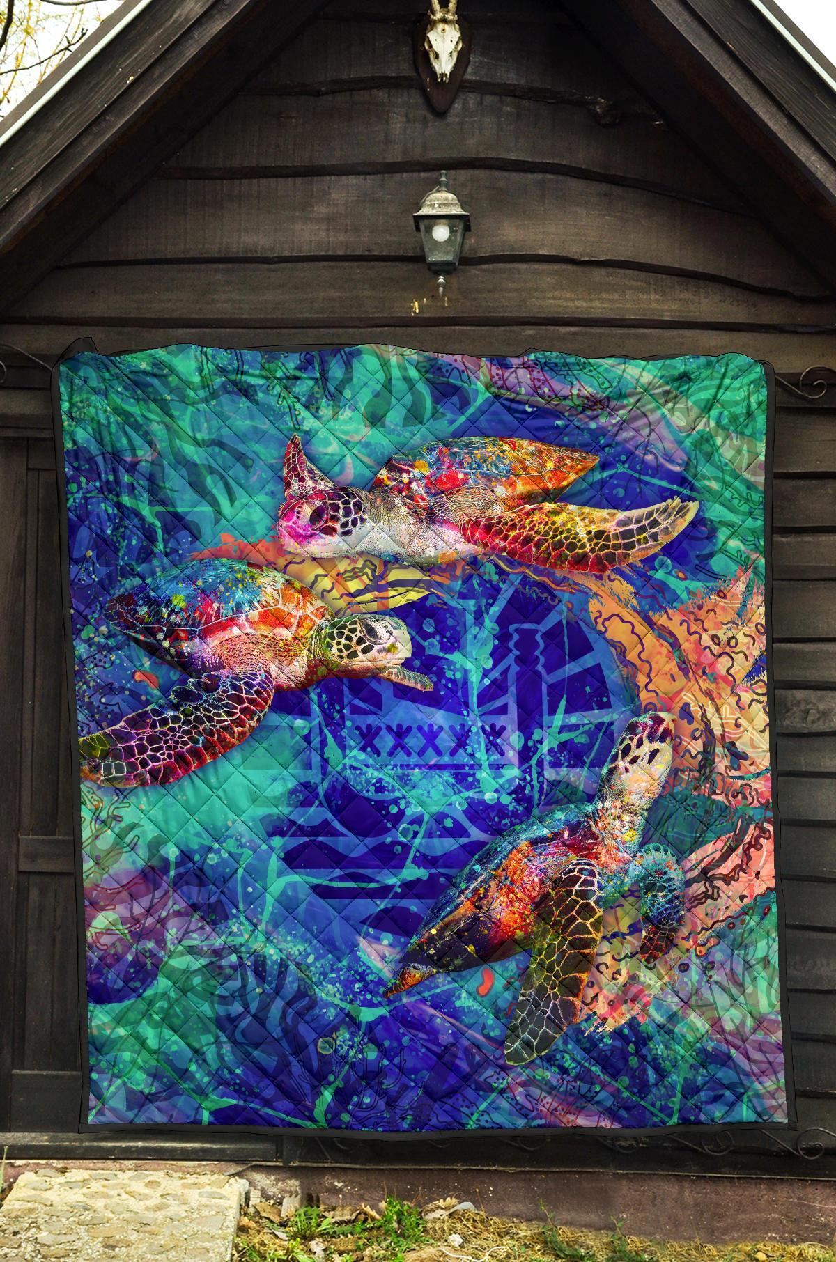 Tahiti Polynesian Premium Quilt - Tahiti Flag Sea Turtle Coral Treasure - Polynesian Pride