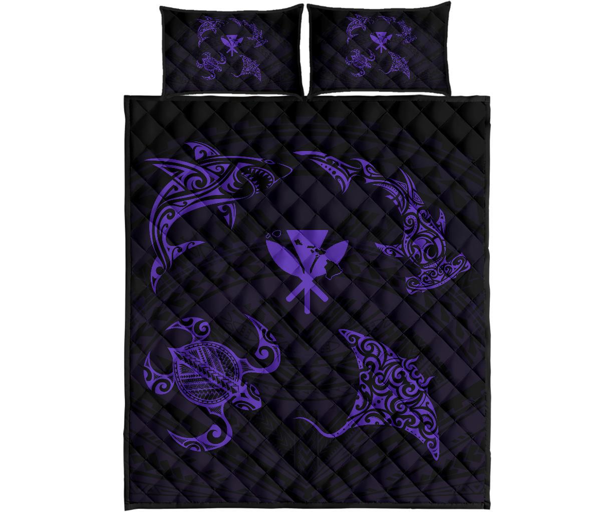 Hawaii Map Kanaka Polynesian Quilt Bed Set Circle Underwater Purple Art - Polynesian Pride