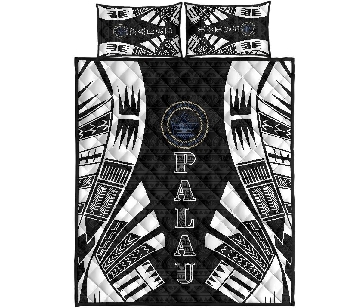 Northern Mariana Islands Quilt Bed Set - Northern Mariana Islands Seal & Polynesian White Tattoo Style Black - Polynesian Pride