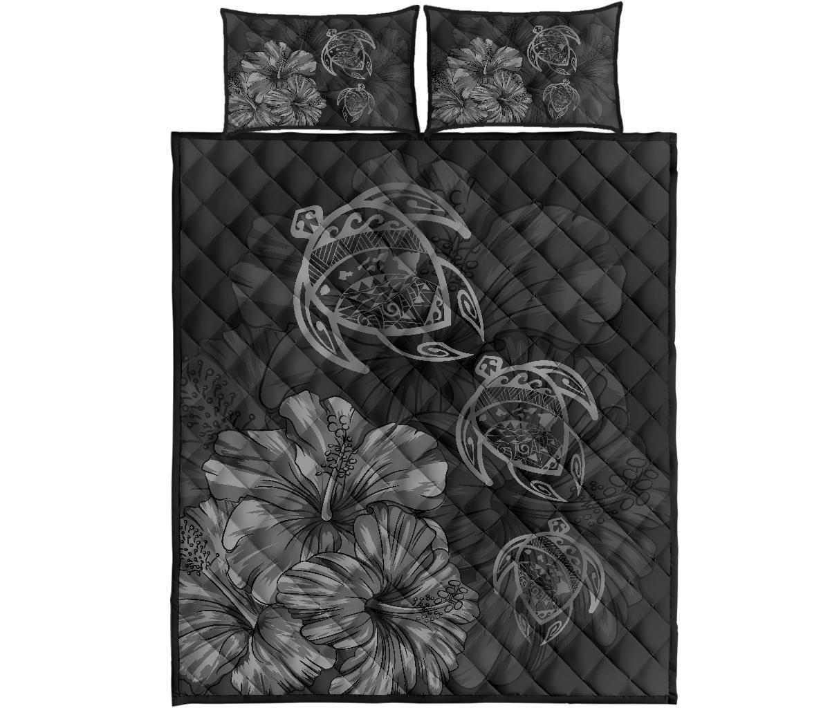 Hawaiian Map Turtle Hibiscus Vintage Polynesian Quilt Bedding Set Gray Gray - Polynesian Pride