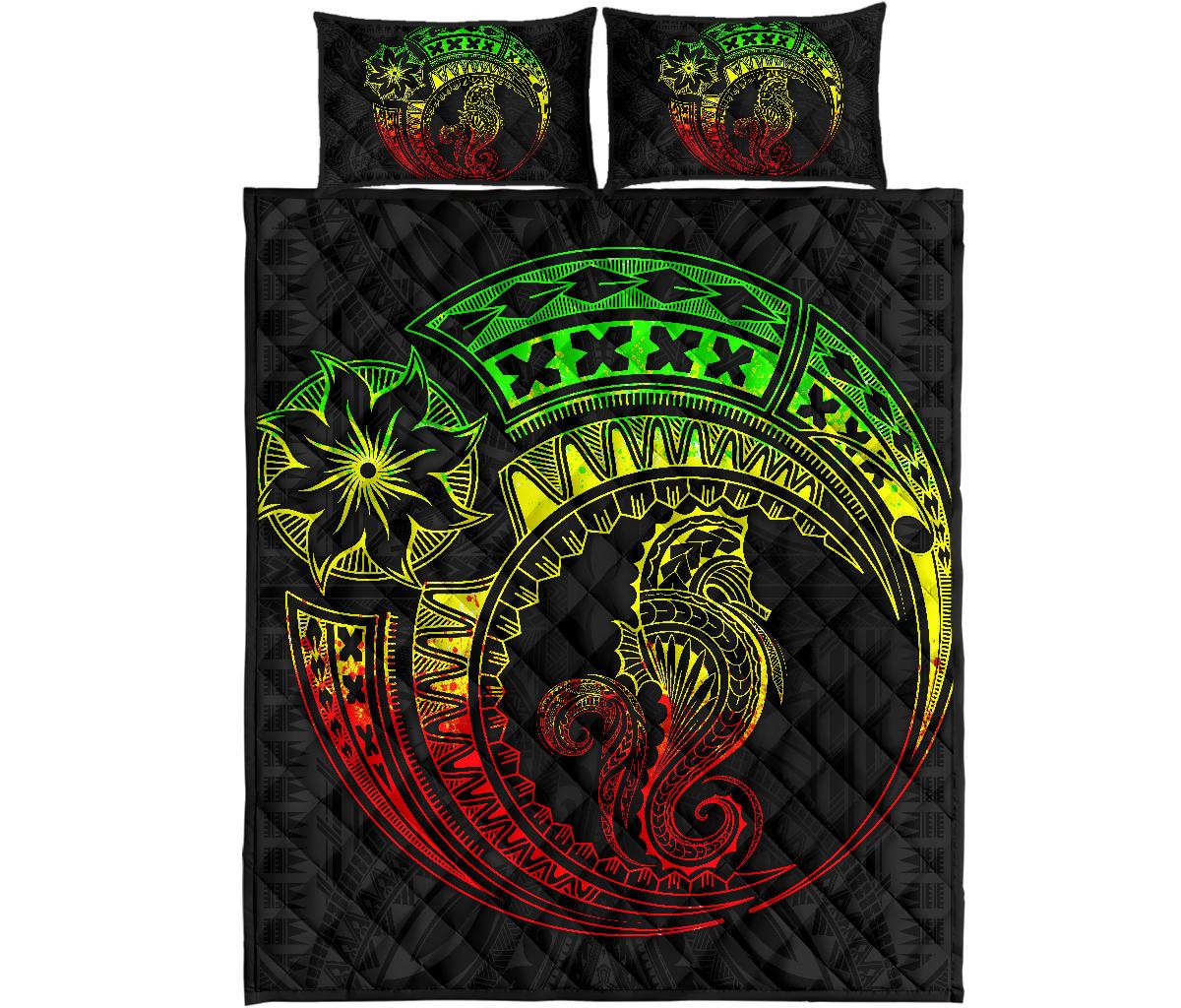 Polynesian Quilt Bed Set - Polynesian Reggae Seahorse Tattoo Art - Polynesian Pride