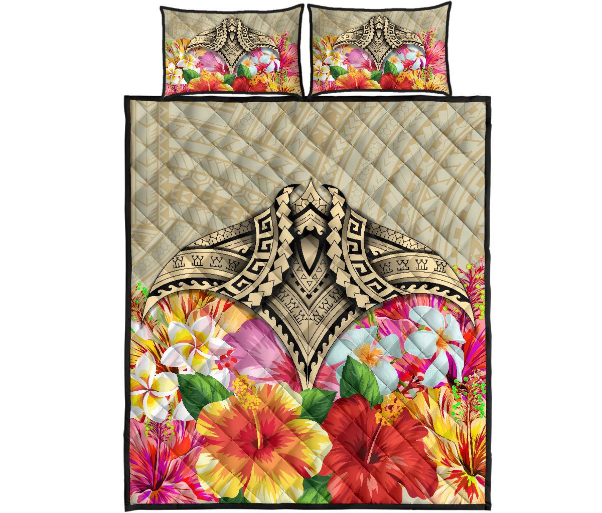 Hawaii Manta Ray Tropical Hibiscus Plumeria Polynesian Quilt Bed Set Beige - Polynesian Pride