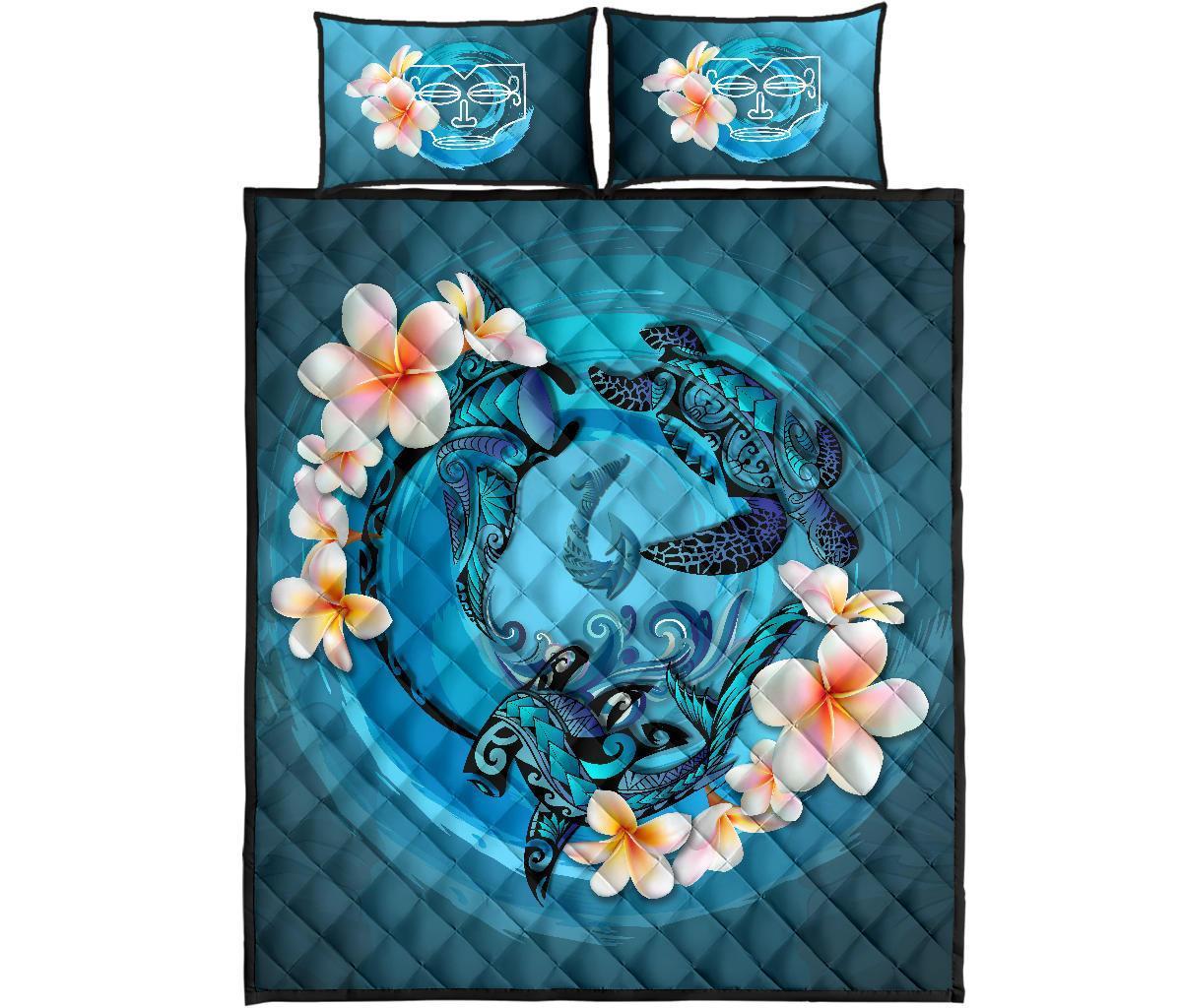 Marquesas Islands Polynesian Quilt Bed Set - Blue Plumeria Animal Tattoo - Polynesian Pride