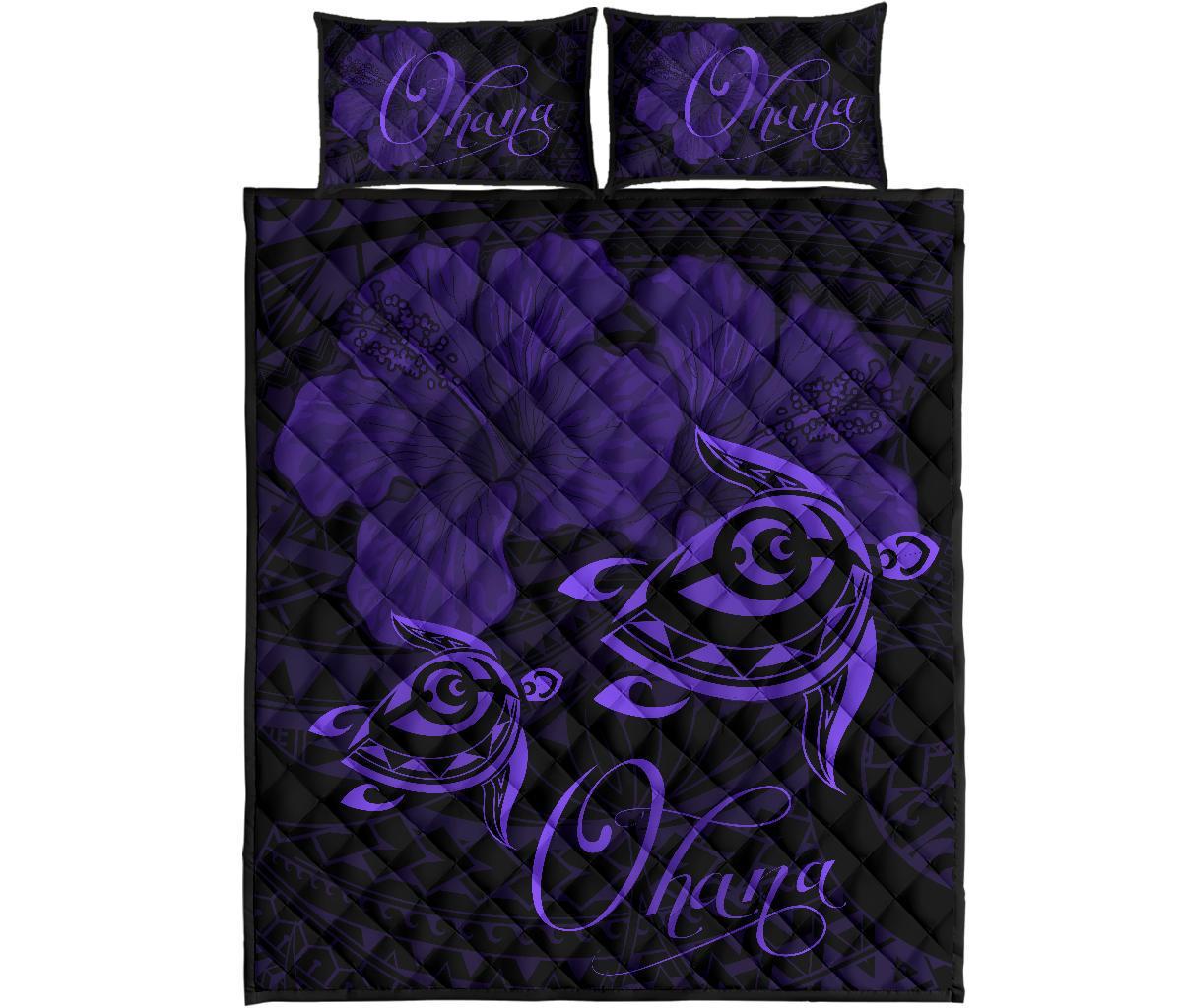 Hawaii Turtle Ohana Hibiscus Poly Quilt Bed Set Purple Art - Polynesian Pride