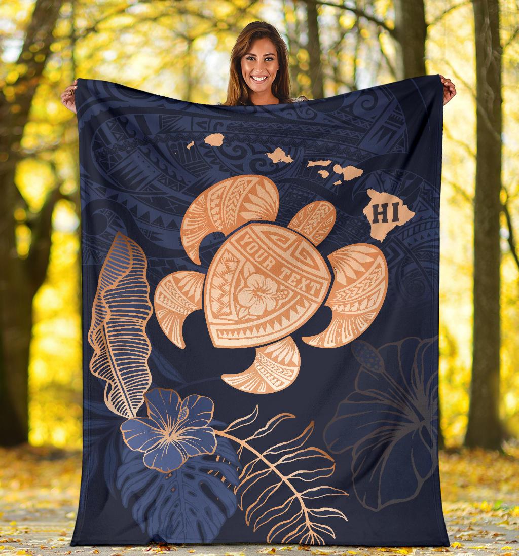 Personalized - Hawaii Kakau Polynesian Turtle Map Premium Blanket - Indigo - Polynesian Pride