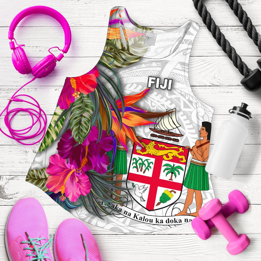 Fiji Polynesian Women's Racerback Tank - Hibiscus White Pattern White - Polynesian Pride