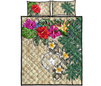 Nothern Mariana Islands Polynesian Quilt Bed Set - Hibiscus Turtle Tattoo Beige - Polynesian Pride