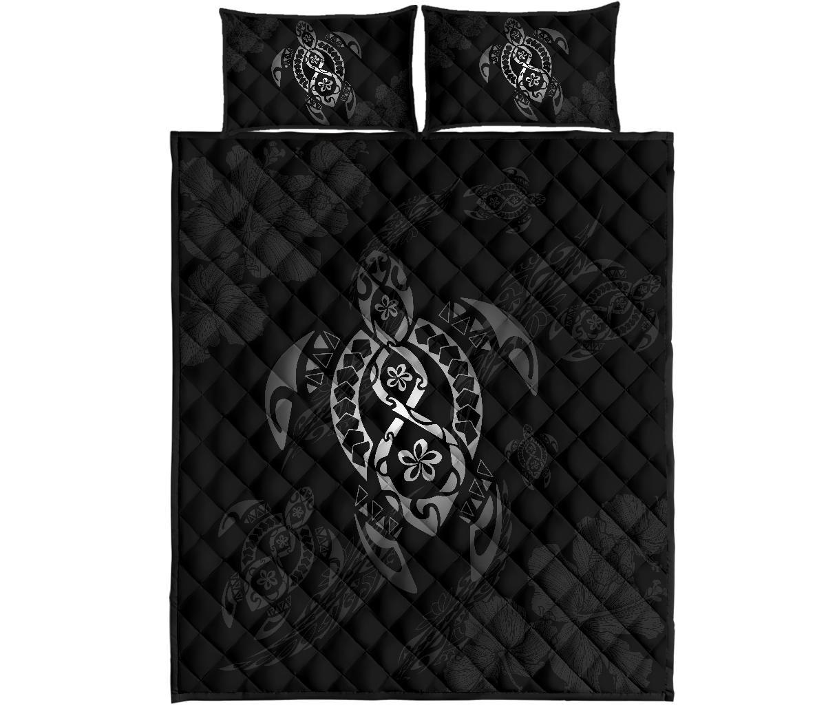 Hawaii Quilt Bed Set - Hawaii Polynesian Turtle Quilt Bed Set Flow Of Turtle Grey Black - Polynesian Pride