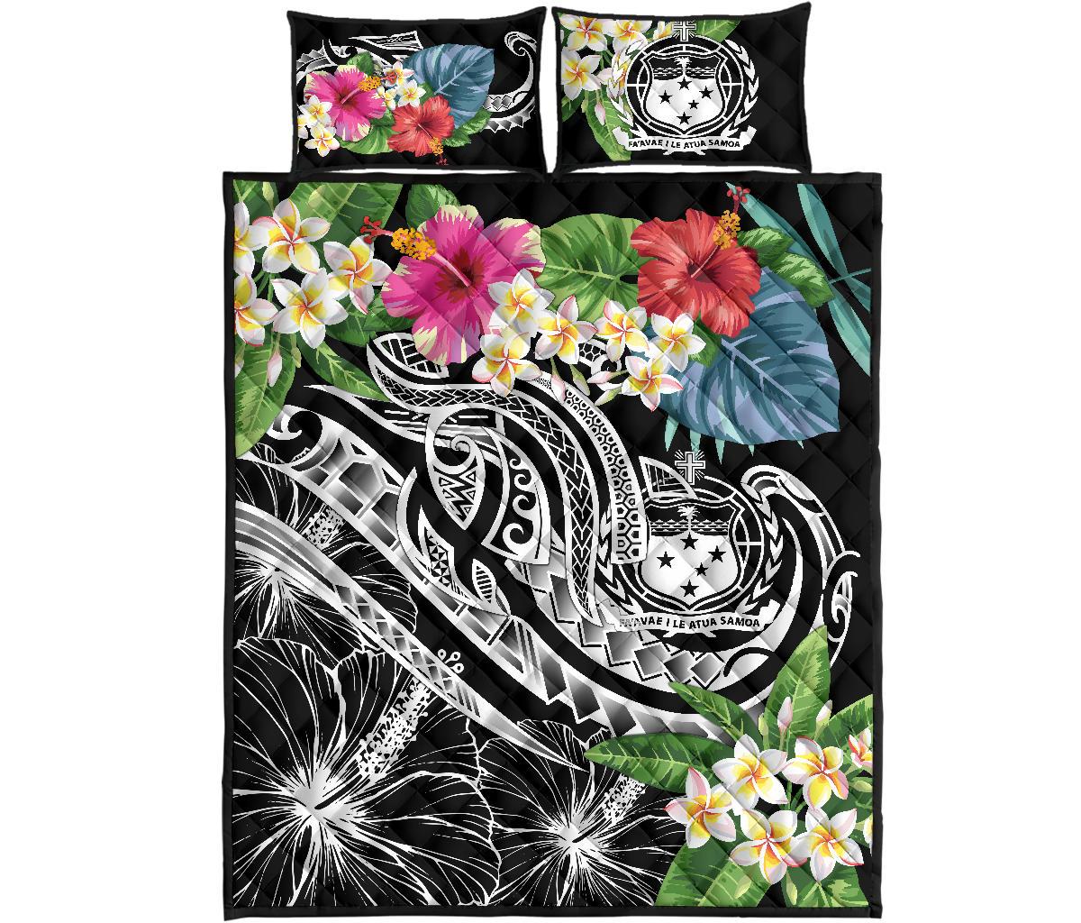 Polynesian Samoa Quilt Bed Set - Summer Plumeria (Black) - Polynesian Pride