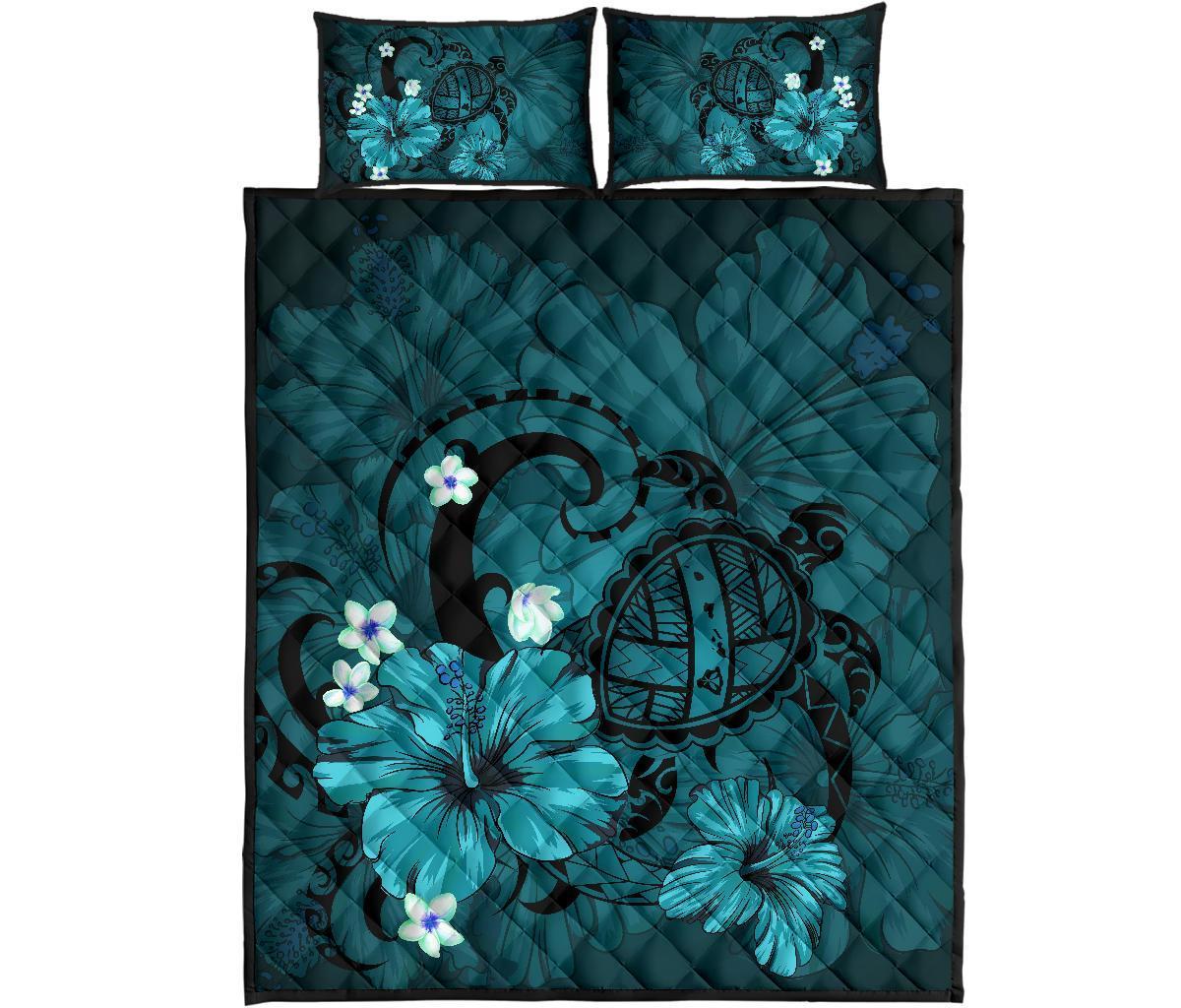 Hawaii Turtle Poly Tribal Quilt Bed Set - Turquoise Blue - Polynesian Pride