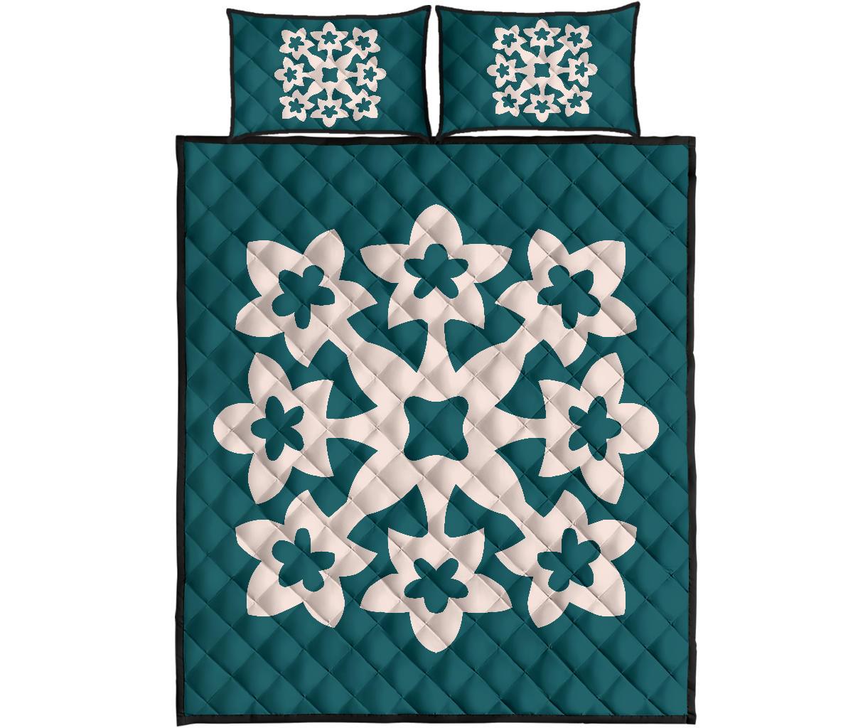 Hawaiian Quilt Bed Set Royal Pattern - Cyan - A1 Style - AH Cyan - Polynesian Pride