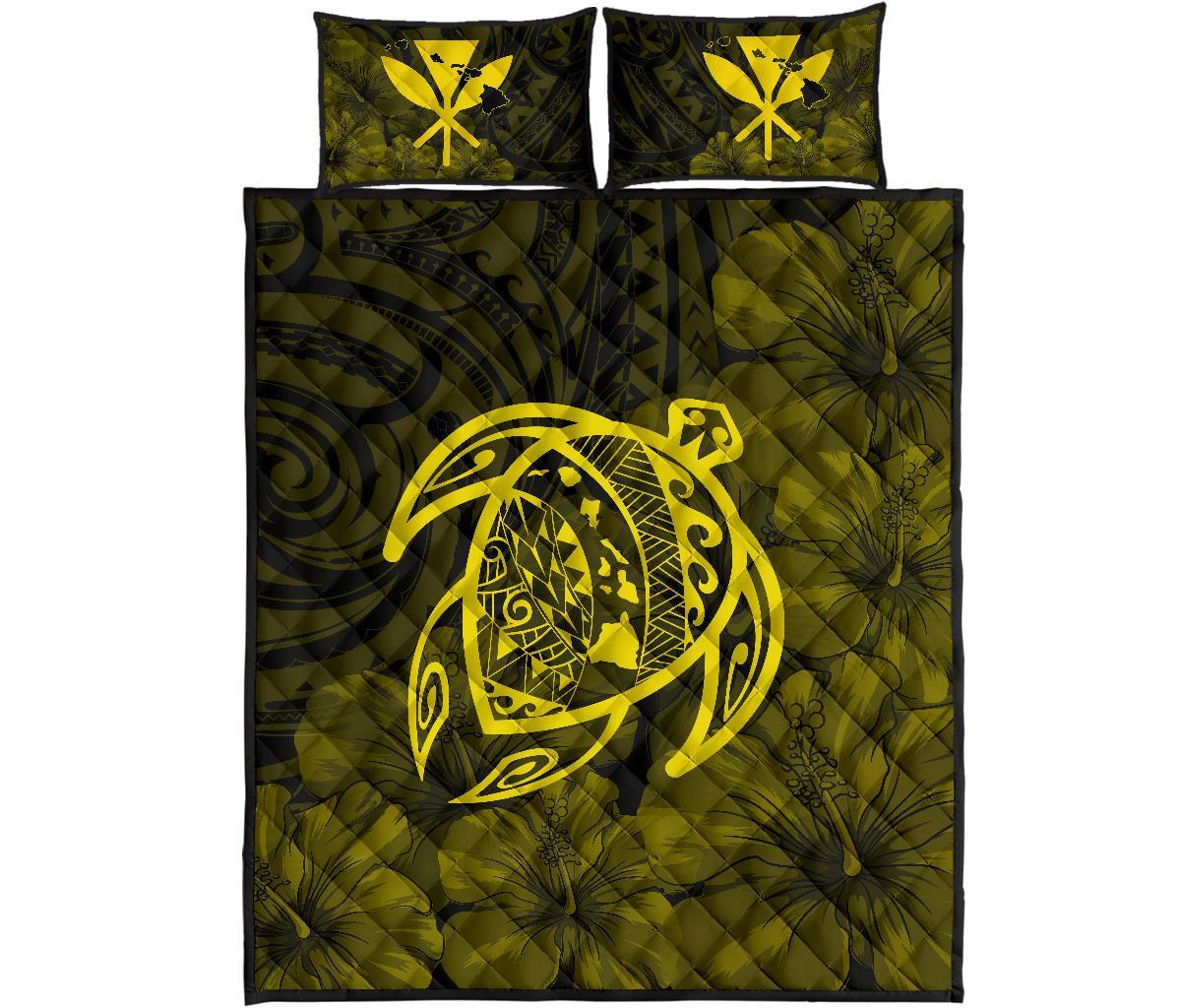 Hawaii Turtle Kanaka Map Hibiscus Poly Quilt Bed Set - Yellow Yellow - Polynesian Pride