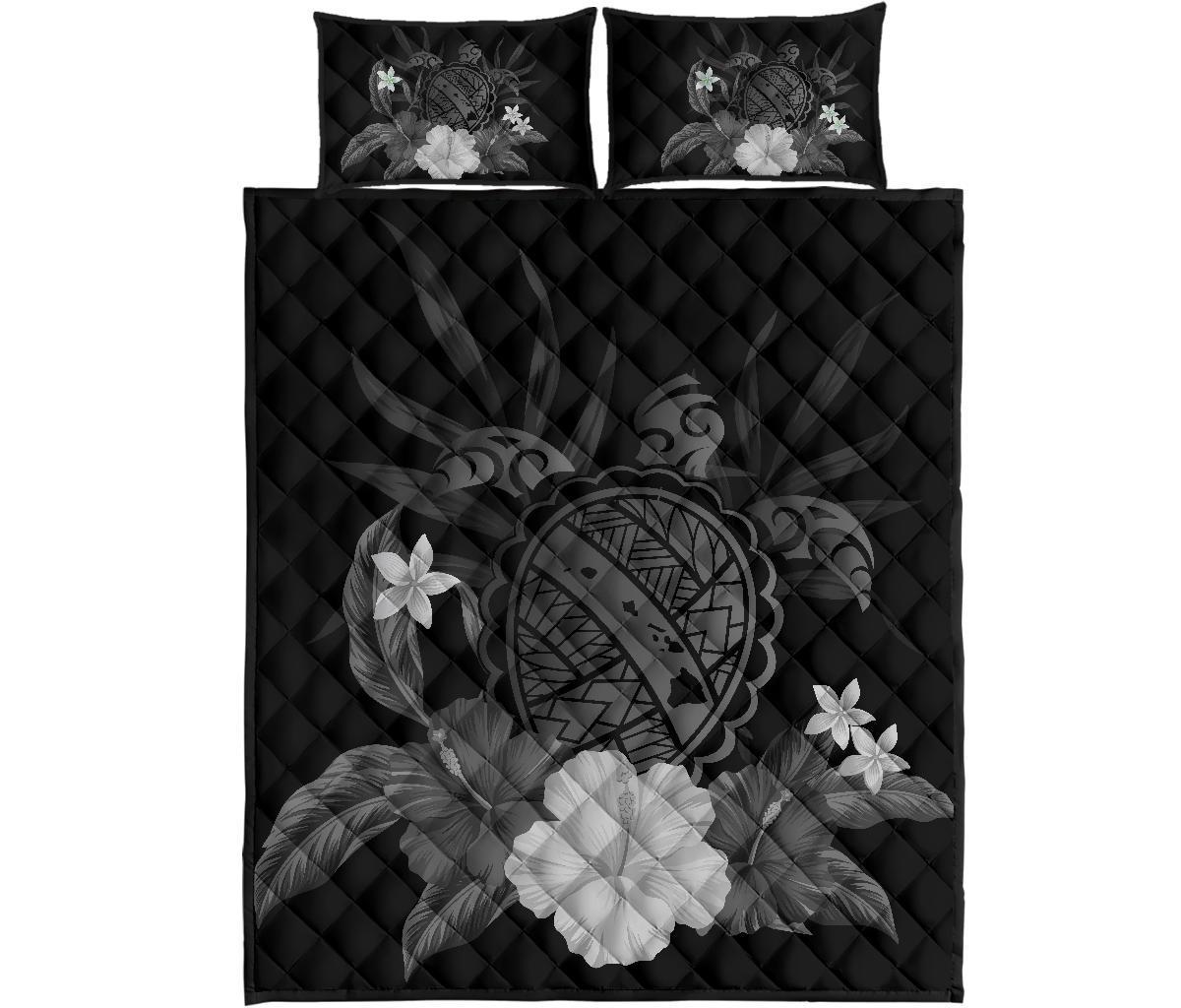 Hawaii Turtle Map Hibiscus Quilt Bed Set - Gray Gray - Polynesian Pride