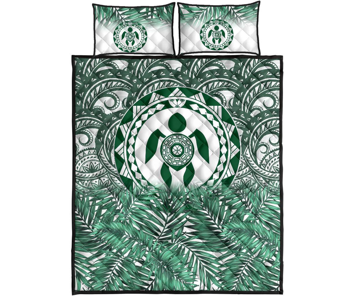 Polynesian Quilt Bed Set - Green Turtle Palm White Version - Polynesian Pride