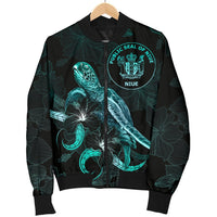 Niue Polynesian Men's Bomber Jacket - Turtle With Blooming Hibiscus Turquoise - Polynesian Pride