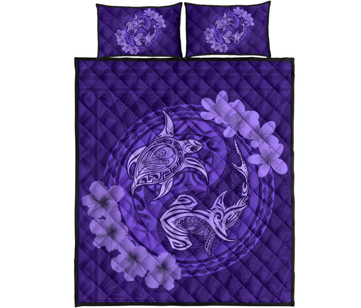 Hawaii Yin Yang Turtle Shark Hibiscus Plumeria Quilt Bed Set - Purple Art - Polynesian Pride