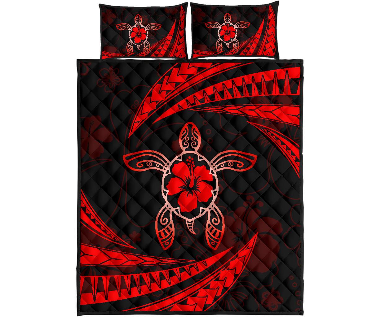 Hawaii Quilt Bed Set - Hibiscus Turtle Tribal Waves Red - Polynesian Pride