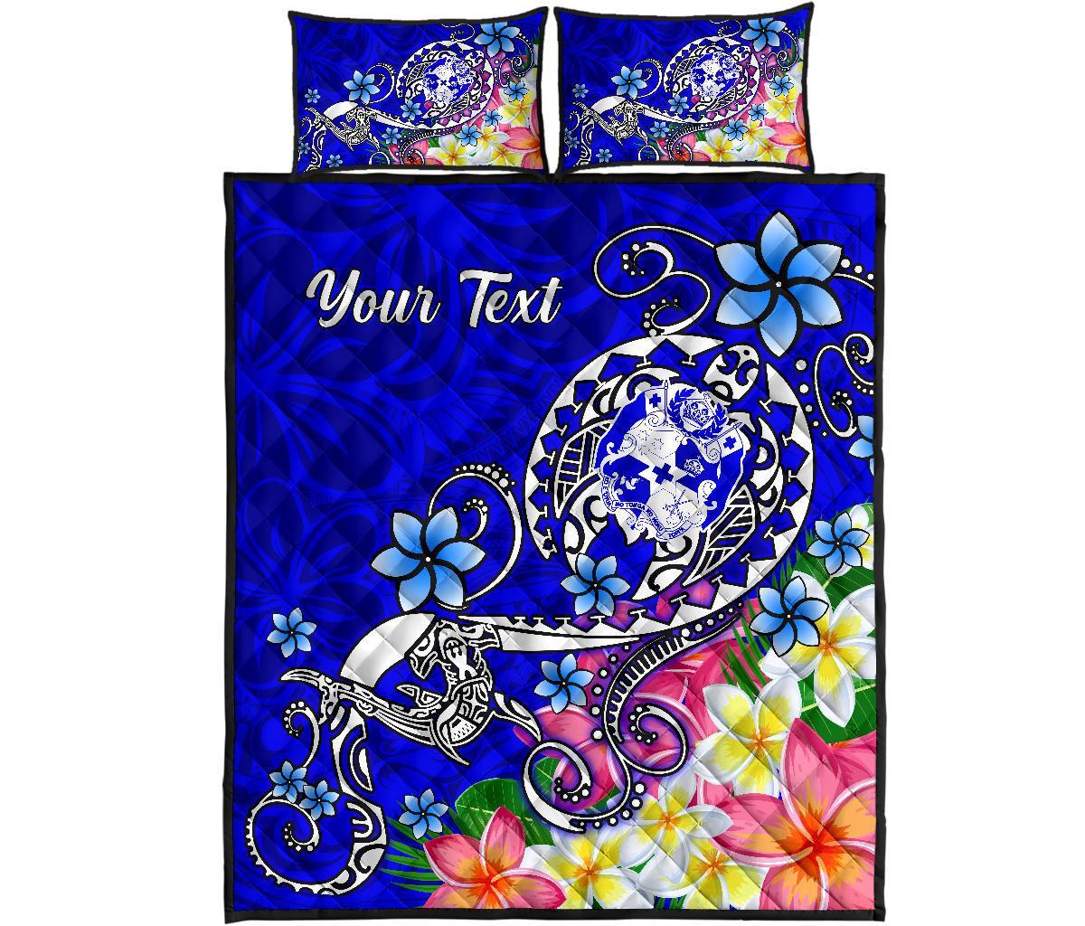 Tonga Custom Personalised Quilt Bed Set - Turtle Plumeria (Blue) - Polynesian Pride