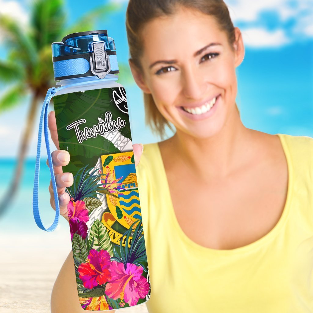 Tuvalu Hydro Tracking Bottle White - Turtle Plumeria Banana Leaf - Polynesian Pride