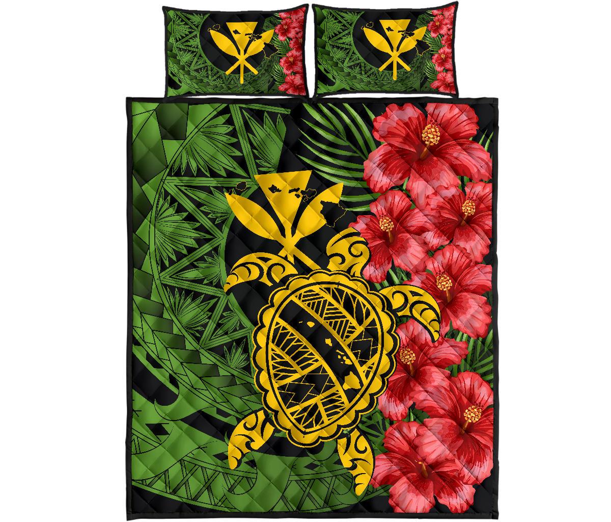 Hawaii Turtle Hibiscus Polynesian Quilt Bed Set - Aphos Style Green - Polynesian Pride