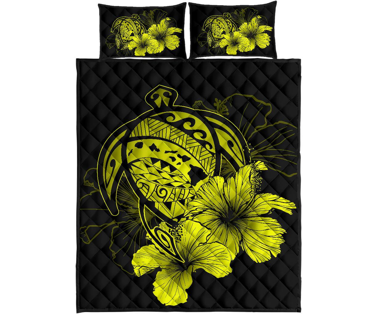 Hawaiian Map Turtle Hibiscus Polynesian Quilt Bedding Set - Yellow Yellow - Polynesian Pride