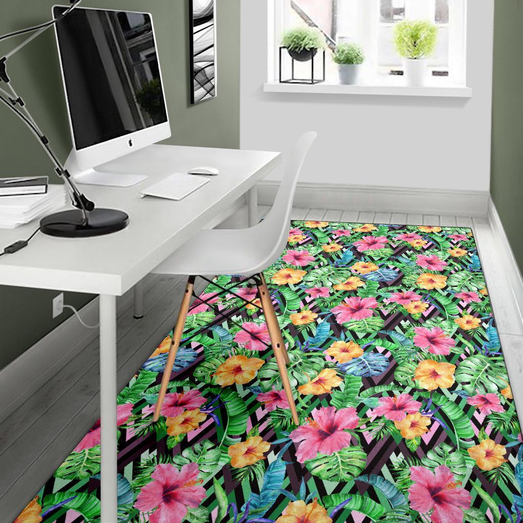 Tropical Hibiscus Banana Leafs Rug - Polynesian Pride