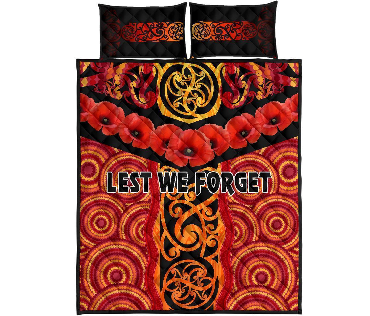 Anzac Lest We Forget Poppy Quilt Bed Set New Zealand Maori Silver Fern - Australia Aboriginal - Polynesian Pride