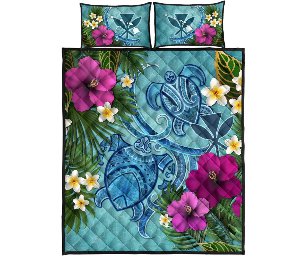 Kanaka Maoli (Hawaiian) Quilt Bed Set - Polynesian Turtle Hibiscus And Plumeria Blue - Polynesian Pride